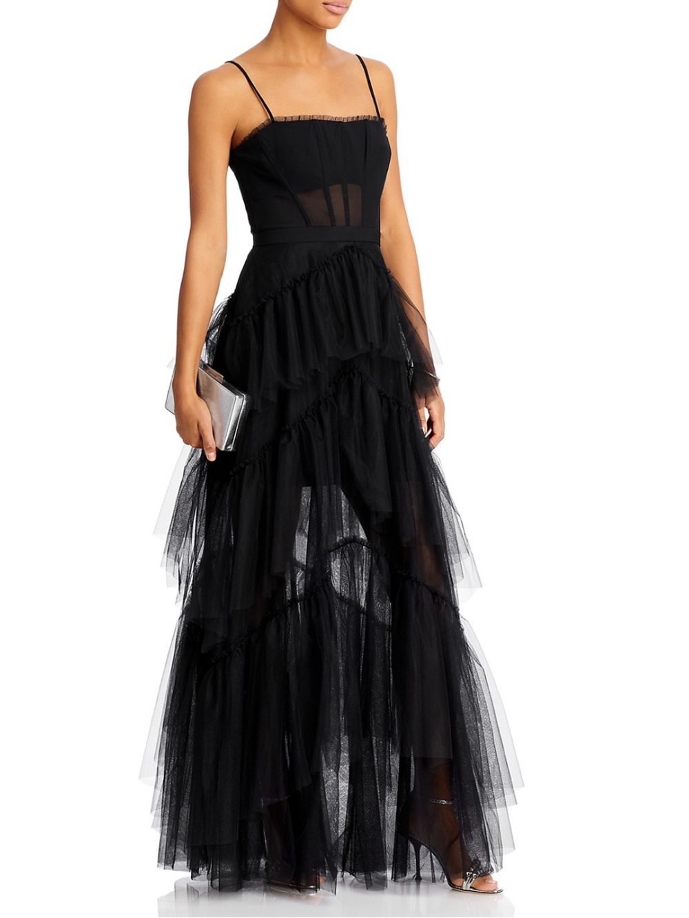BCBGMaxAzria Black Layered Tulle Evening Gown